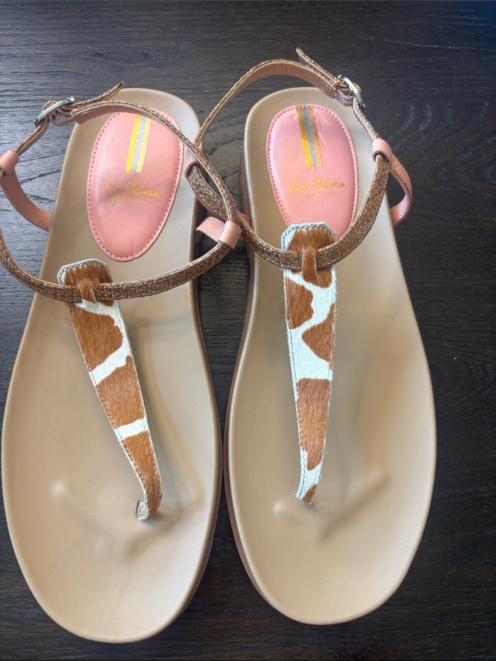 Sam Edelman Brown & White Giraffe-Print T-Strap Sandals